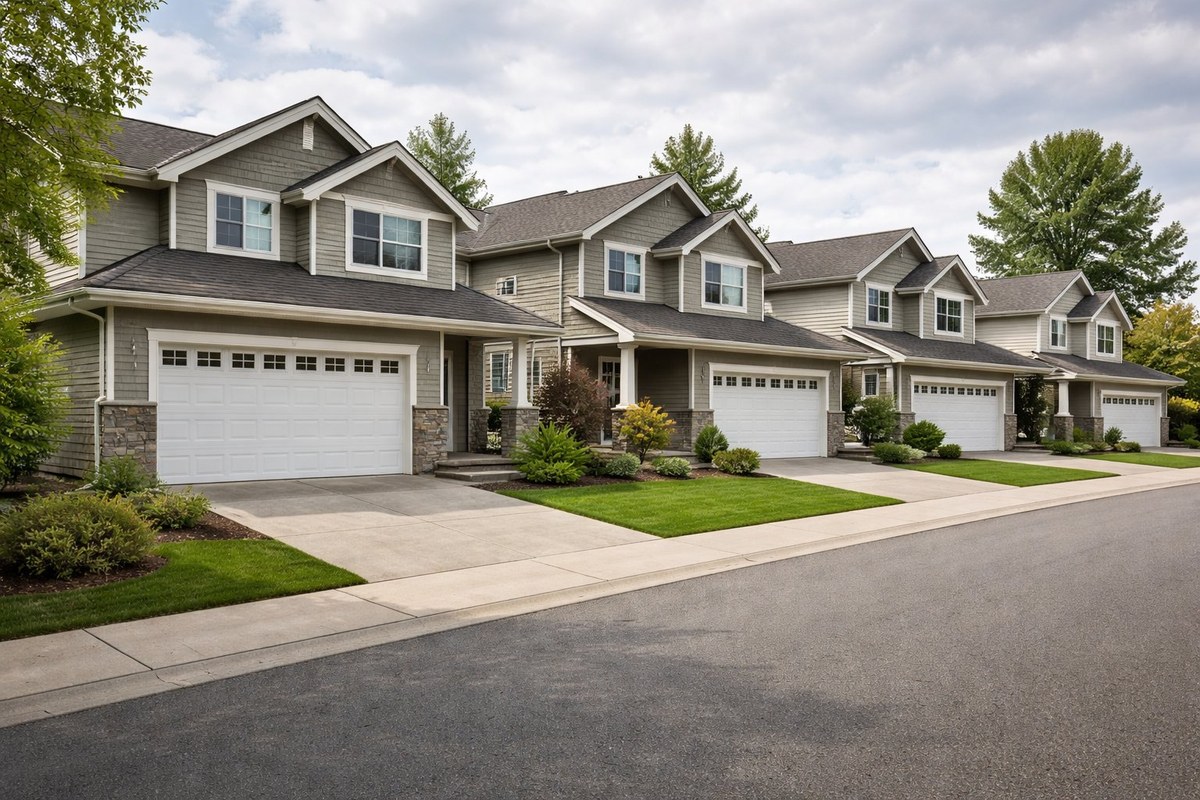 Row of consistent white garage doors across a strata townhouse complex in Metro Vancouver